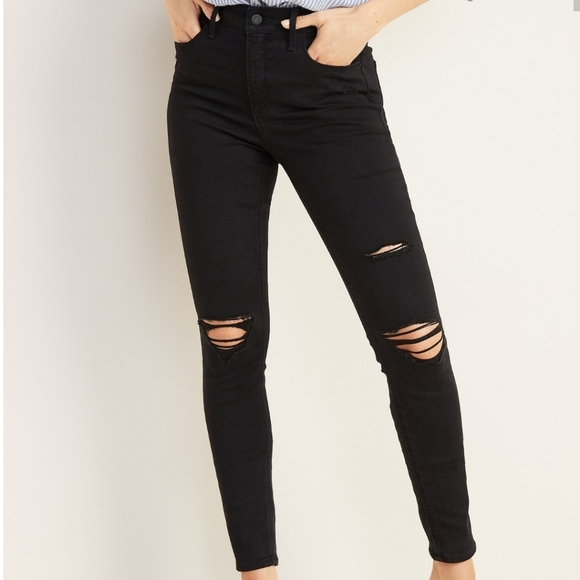 NEW Old Navy Rockstar Super Skinny Jeans Black Knees Distressed Womens Summer - Picture 1 of 16